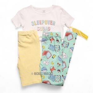 Carters Girls Three Piece Sleepover Squad Pajama Set Shirt Shorts Pants Size 8